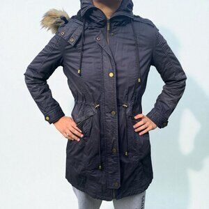 French Connection Womens Black Hooded Parka Coat With Faux Fur Trim & Drawstring